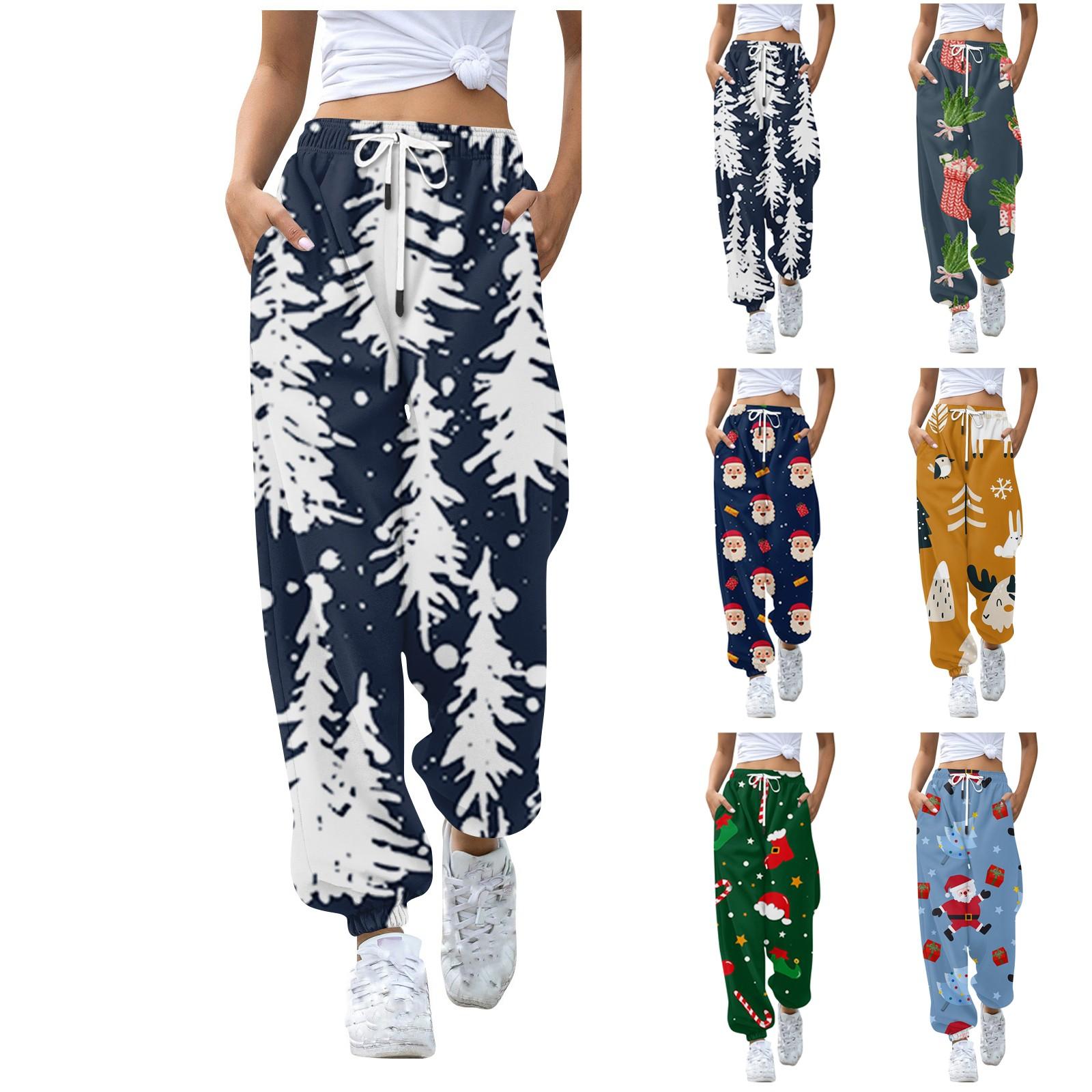 

Женские повседневные модные рождественские принты, повседневные брюки с эластичной резинкой на талии и завязками на шнурке