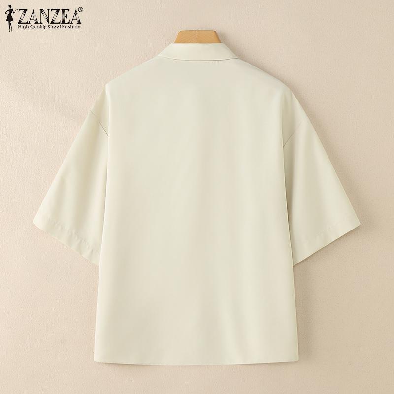 ZANZEA Women Turn Down Collar Summer Casual Short Sleeve Print Blouse