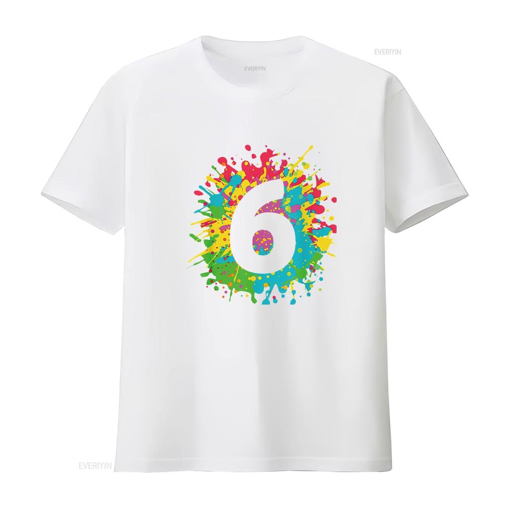 Womens 6Th Birthday T Shirt For Girls Boys 6 Paint Splashes Black 2XL Vintage Washed Graphic Comfortable Unisex Stretched