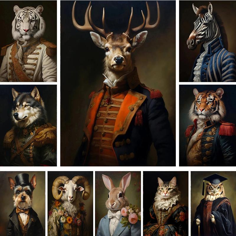 Vintage Palace Aristocrat Gorgeous Costume Animal Tiger Lion Deer Art Poster Canvas Paintings Wall Art Pictures Home Room Decor