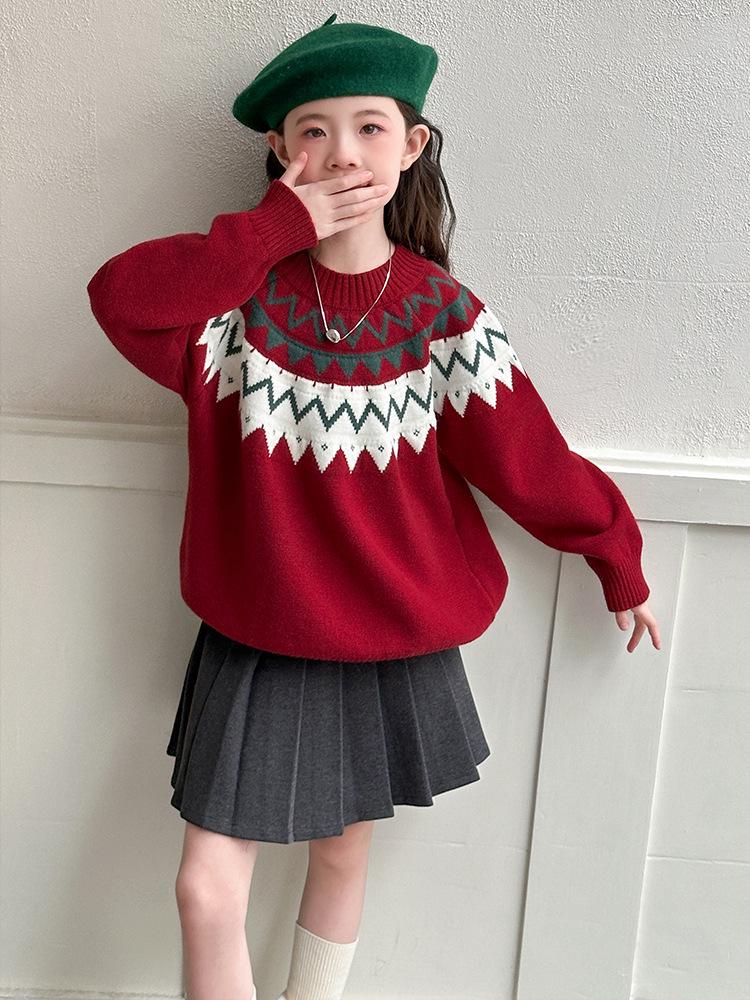 Girls' Fair Isle Red Knitted Sweater - Round Neck, Long Sleeve, Chunky Knit, for Autumn/Winter 2025, Mid & Big Kids Casual Jumper.