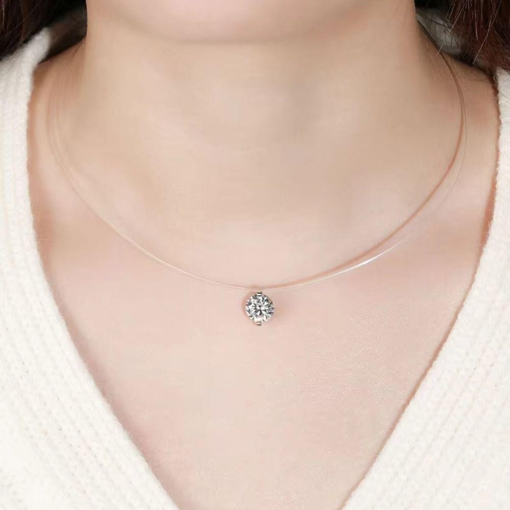 Invisible Zircon Pendant Necklace S925 Silver Solitaire Fishline Choker  for Female