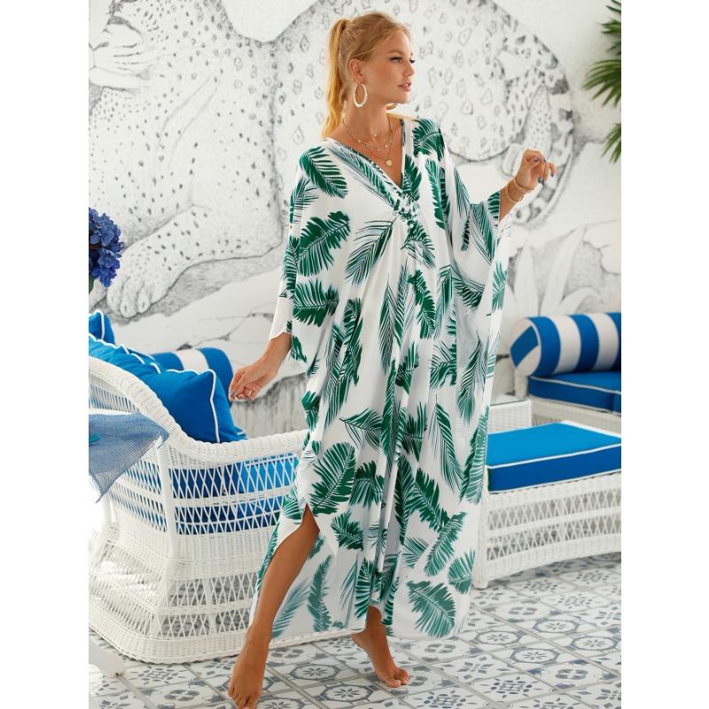 Damen Kleid Bedrucktes Strandkleid Lockeres Übergröße Urlaubs-Bikini-Oberhemd