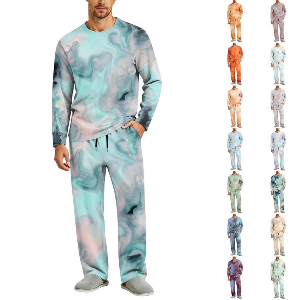 Men's Pajama Set Long Sleeve Top and Pants with Button Fly and Elastic Drawstring Waist