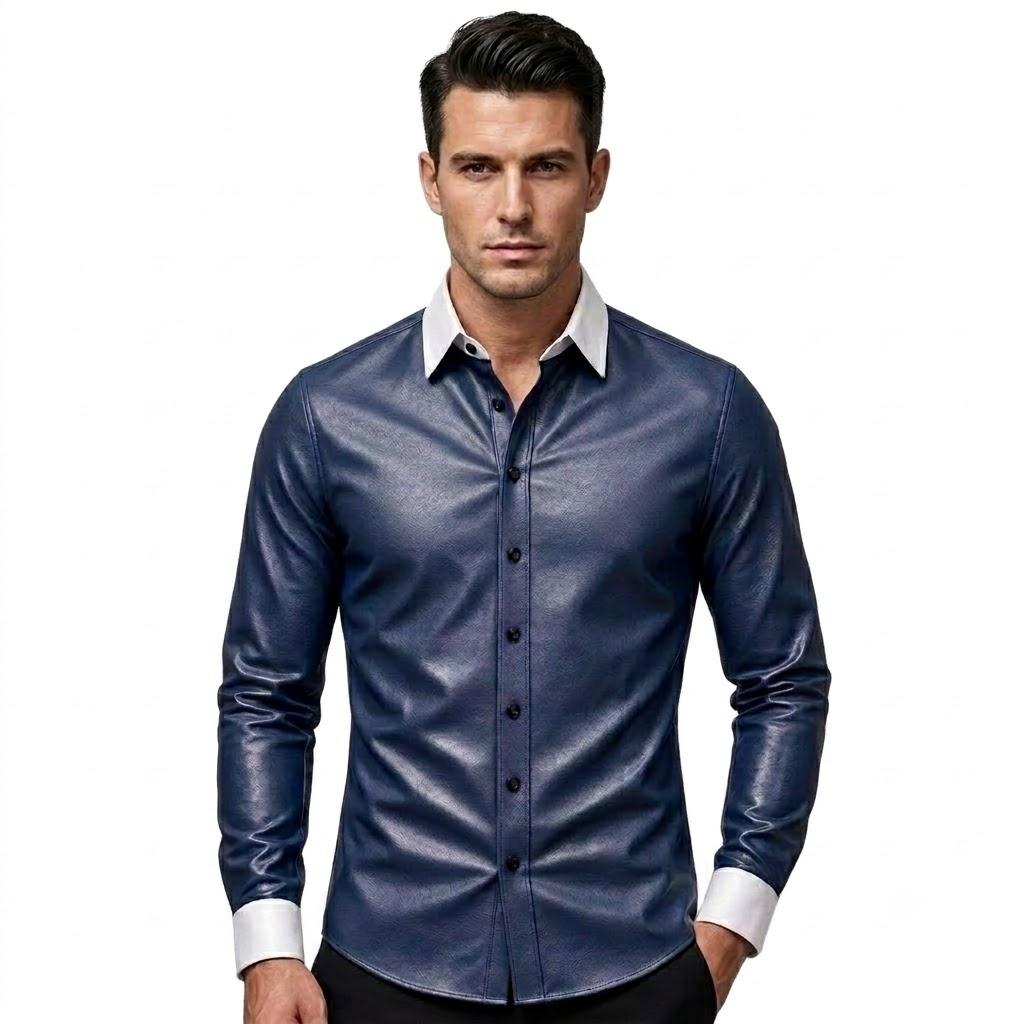 Men s Stylish Real Lambskin Leather Soft Handmade Biker Navy Blue Shirt Slim Fit S