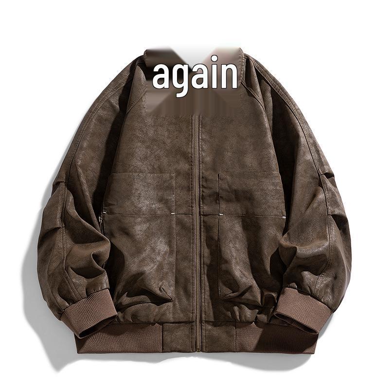Cross2025 Autumn American Retro PU Leather Motorcycle Jacket - Washed Vintage Style 2XL коричневый