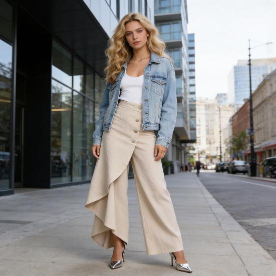 Dámské kalhoty s vysokým pasem, širokými nohavicemi, volného střihu, dlouhé, s jedním zapínáním, nepravidelným designem, ve stylu pro dojíždění, kalhoty pro kancelářskou dámu