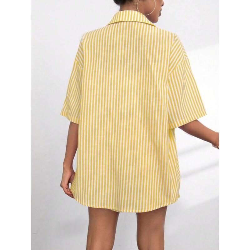 DAFIFY Women's Fashion Casual Summer Spring Stripe Print Short Sleeve POLO Neck Trousers Pants Suits