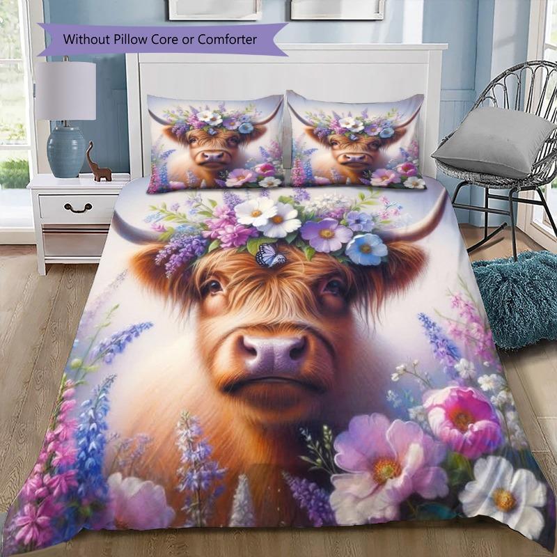 Highland Cow Colorful Wildflower Garland Butterfly Print 3 Pieces Duvet Cover Set Farm Animal Bedding Bedroom Home Decor Without Pillow Core Comforter