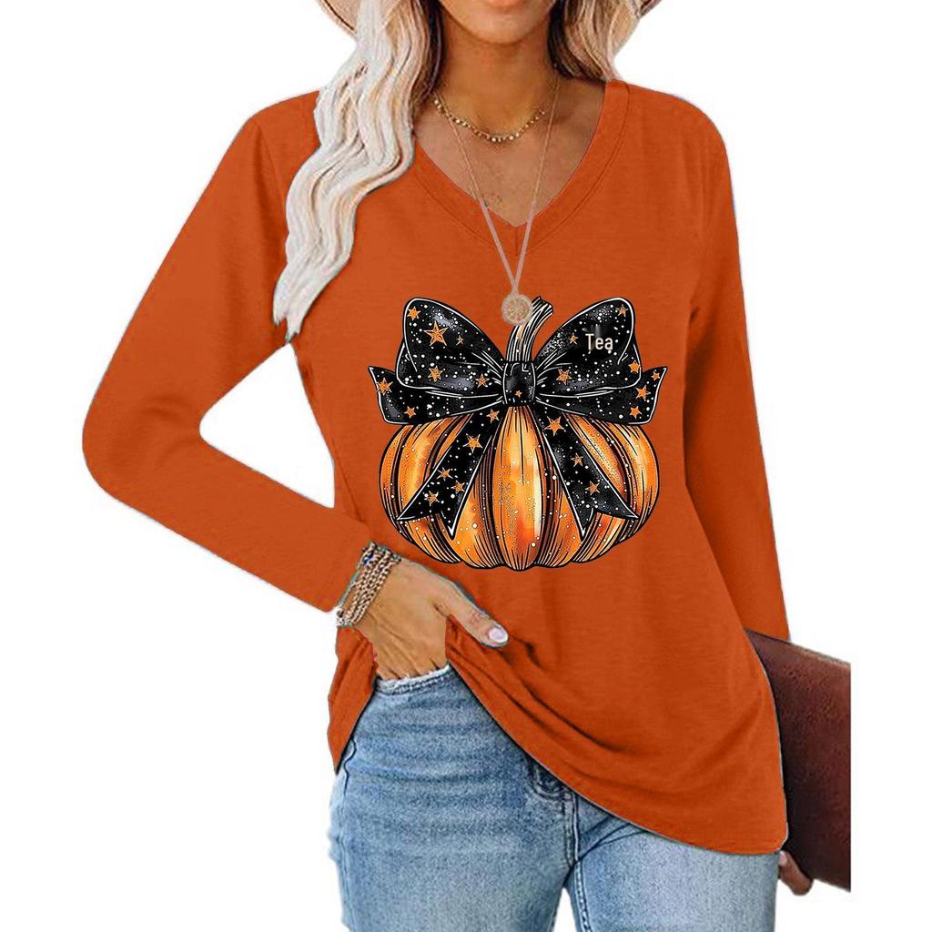 Damen Halloween V-Ausschnitt Kürbisdruck Langarm Oberteil (2025)