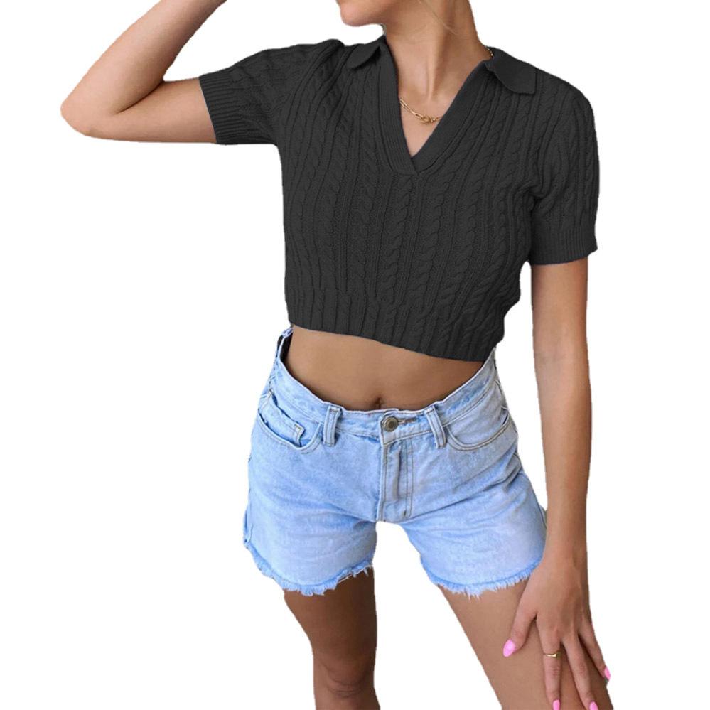 T-shirt tinta unita a maniche corte slim lavorata a maglia moda donna estiva