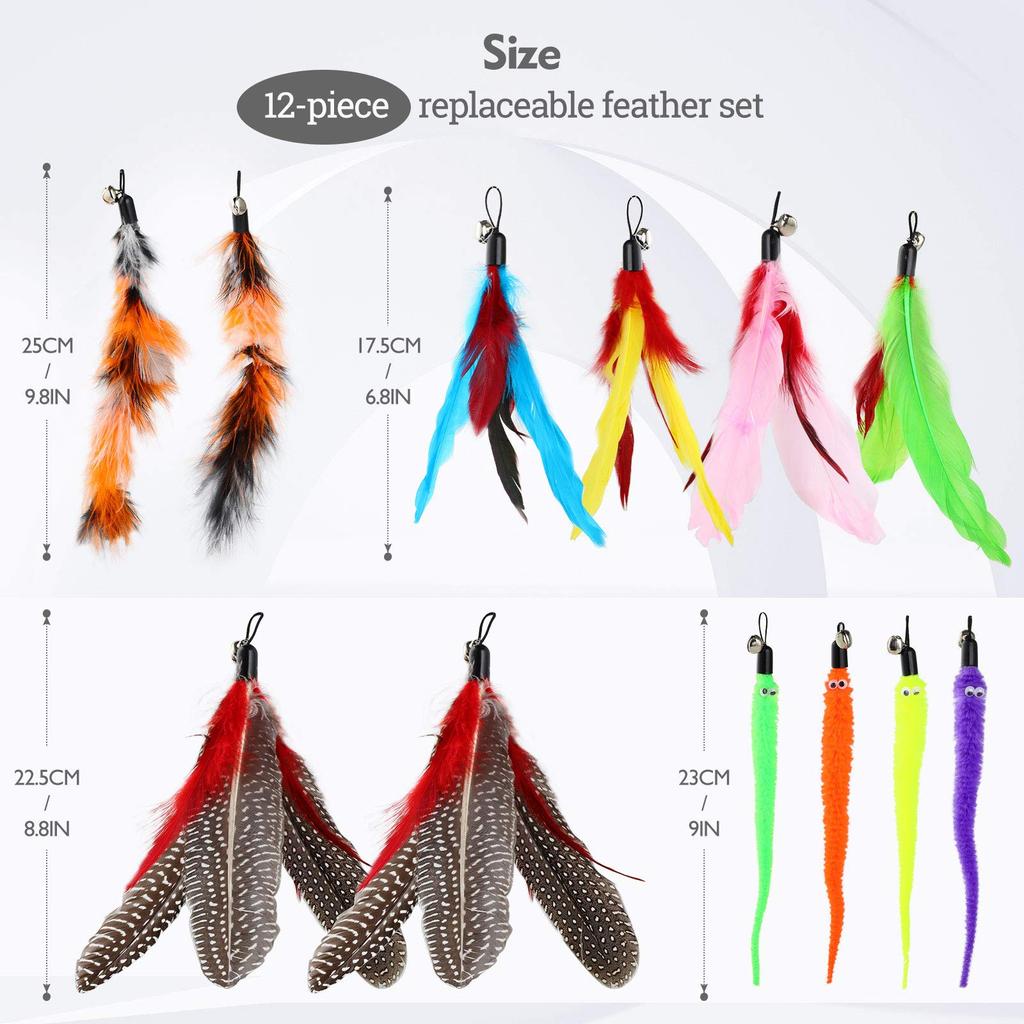 WD&CD Cat Teaser, Cat Toy, Set of 12 Replacement Feathers and 2 Rods, Natural Feather Toy with Bell, Dangle Cat Toy, Pet Supplies, 14-Piece Set