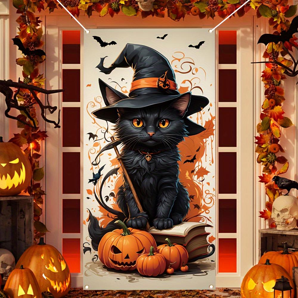 A versatile polyester black cat witch and pumpkin patterned party banner - durable 180X90