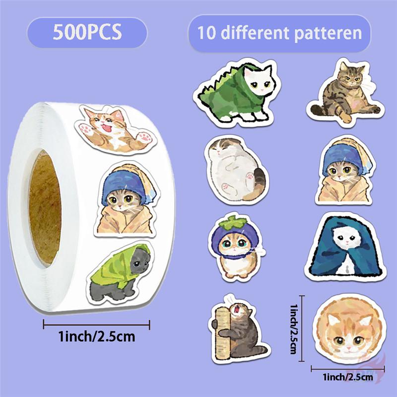 500Pcs/Roll Ink Art Funny Cat Kids Rewards Stickers - DIY Scrapbooks Album Decor Sealing Label Decals