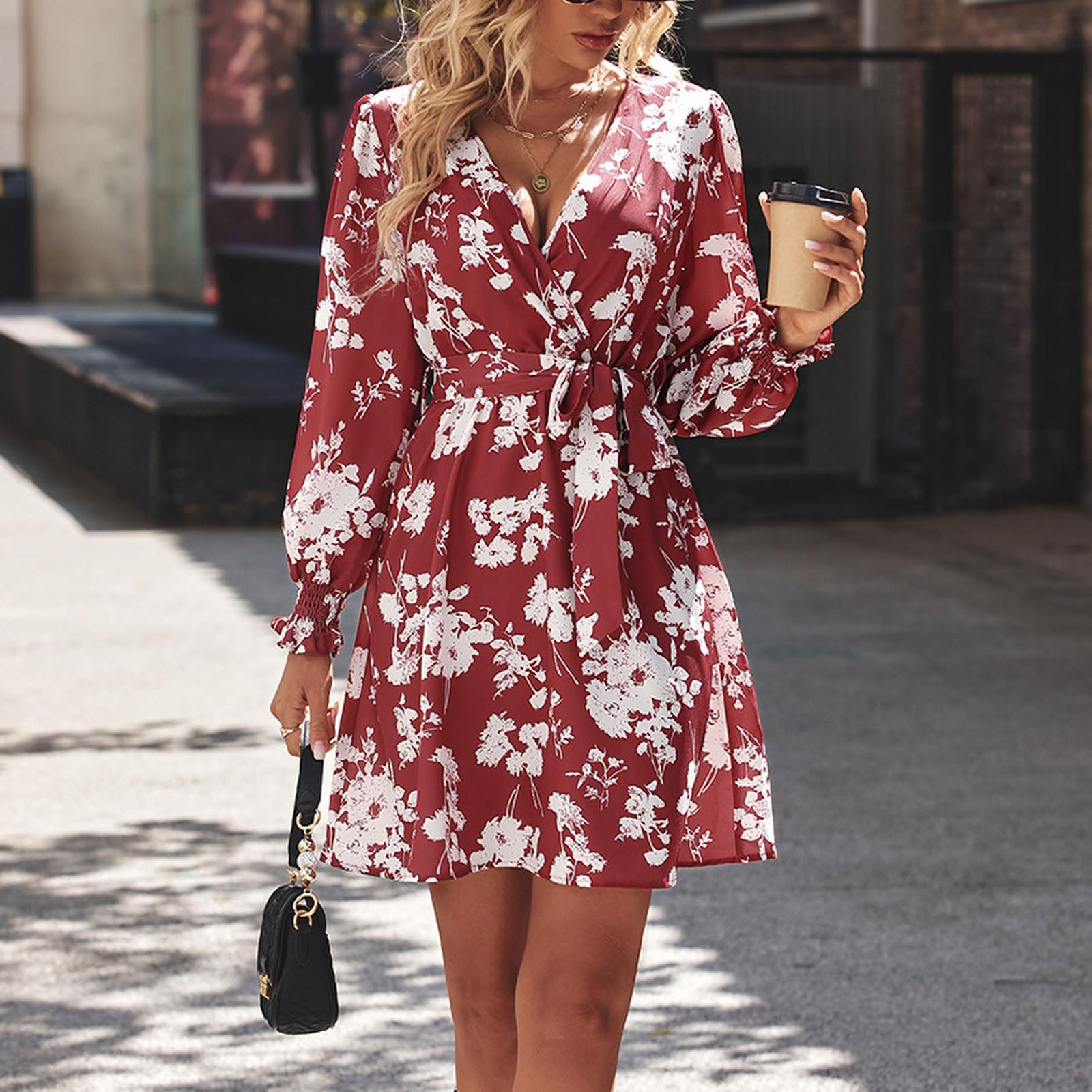 

Женское осеннее и зимнее модное повседневное платье с длинным рукавом и v-образным вырезом с цветочным принтом