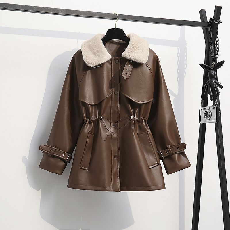 Autumn and Winter Large Size Women's Clothing New Temperament Waist Fur Integrated Locomotive Velvet Leather Jacket Women