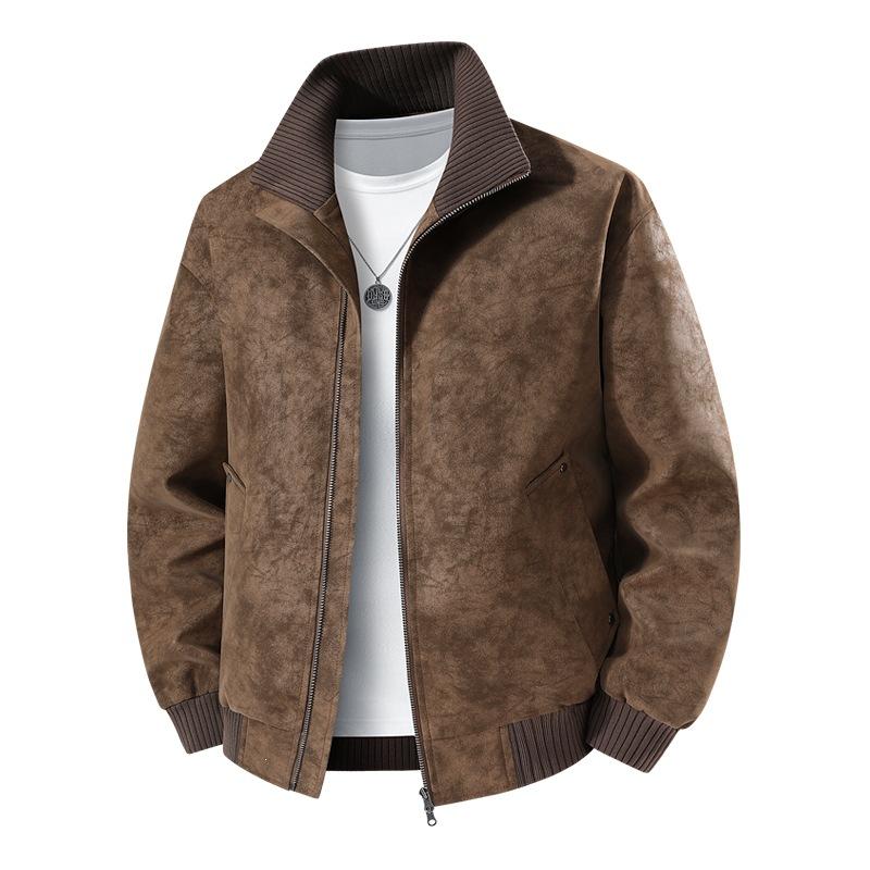 Trendy brand locomotive men's leather jacket stand-up collar glossy retro leather high-end sense large size versatile men's leather jacket