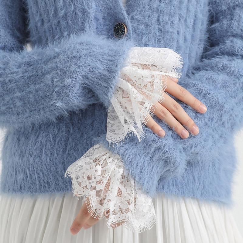 Women Faux Collar Eyelash Flower Lace Detachable Blouse Collar Necklace with False Sleeves Cuffs Set Clothing Accessory