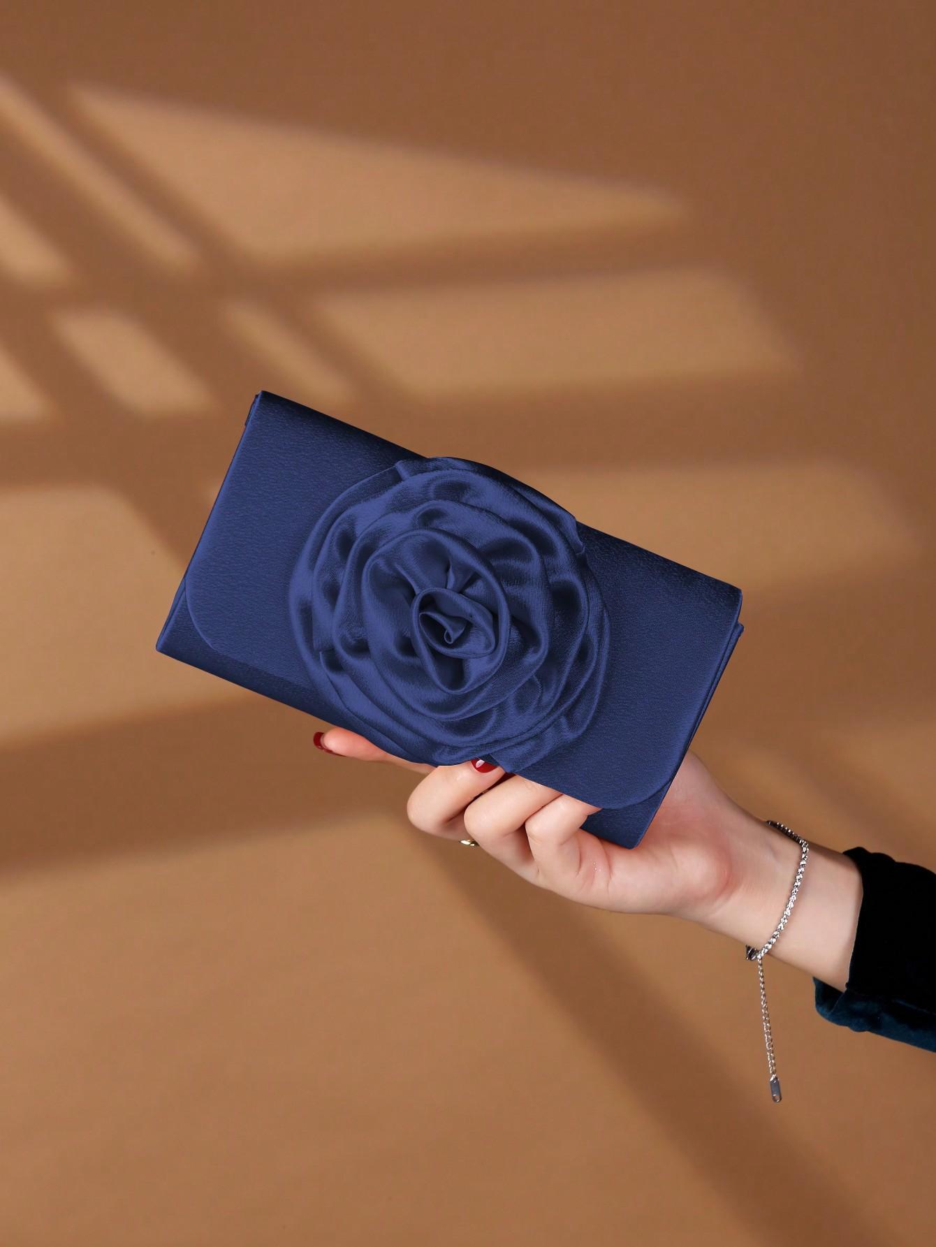 

Elegant Clutch Bag With Flannel Flower Women Fashionable Chain Crossbody Bag Party Wedding Prom Banquet Temperament Clutch Bags темно-синий