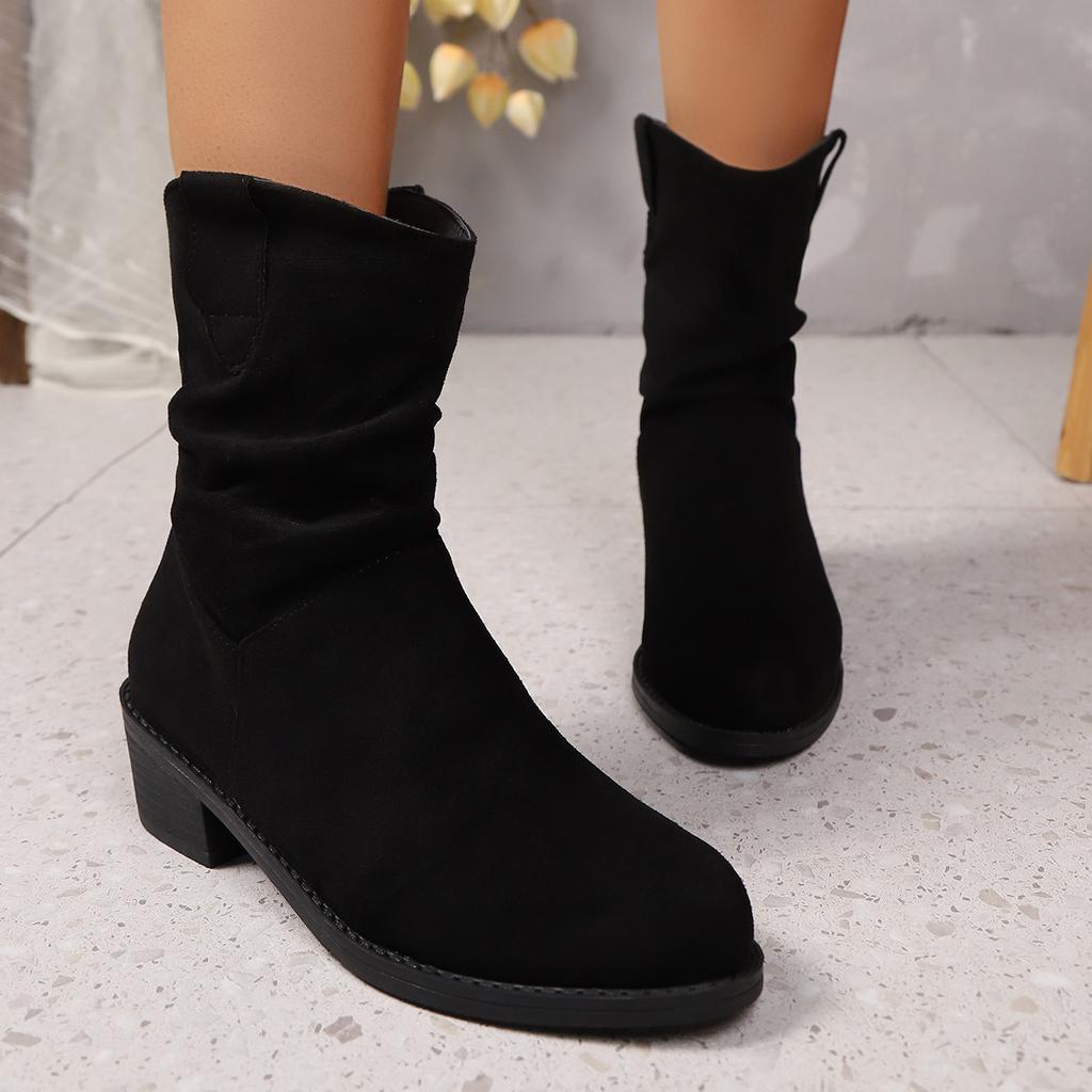 Vintage Large Size Pleated Pile Boots Winter Coarse Heel Sleeve Suede Martin Boots Women's 43