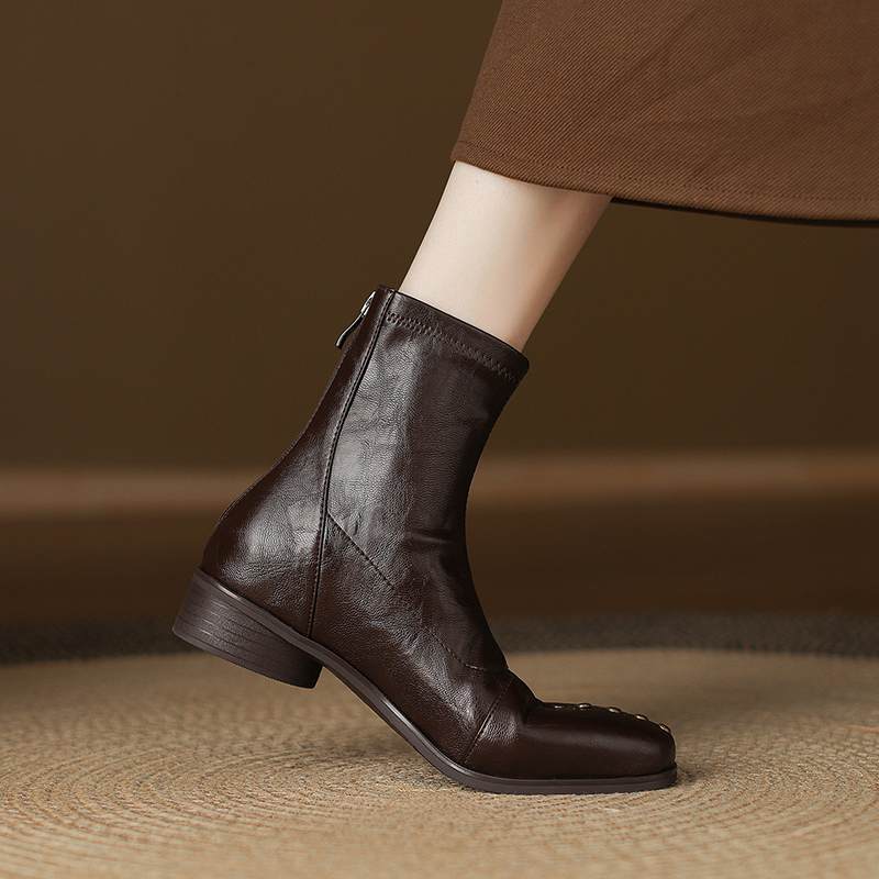 Krazing Pot Microfiber Winter Square Toe Modern Size 33 Boots Size 43 Metal Rivets Med Heels Zipper Women Ankle Boots