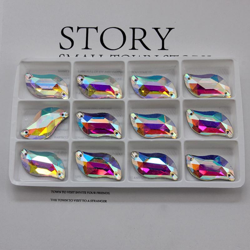 All Size All Color Ab S Shape Sew On Rhinestone Leaf Glass Crystal Sewing Flatback 2 Holes 6*12 10*20 14*30 for Dress Decoration