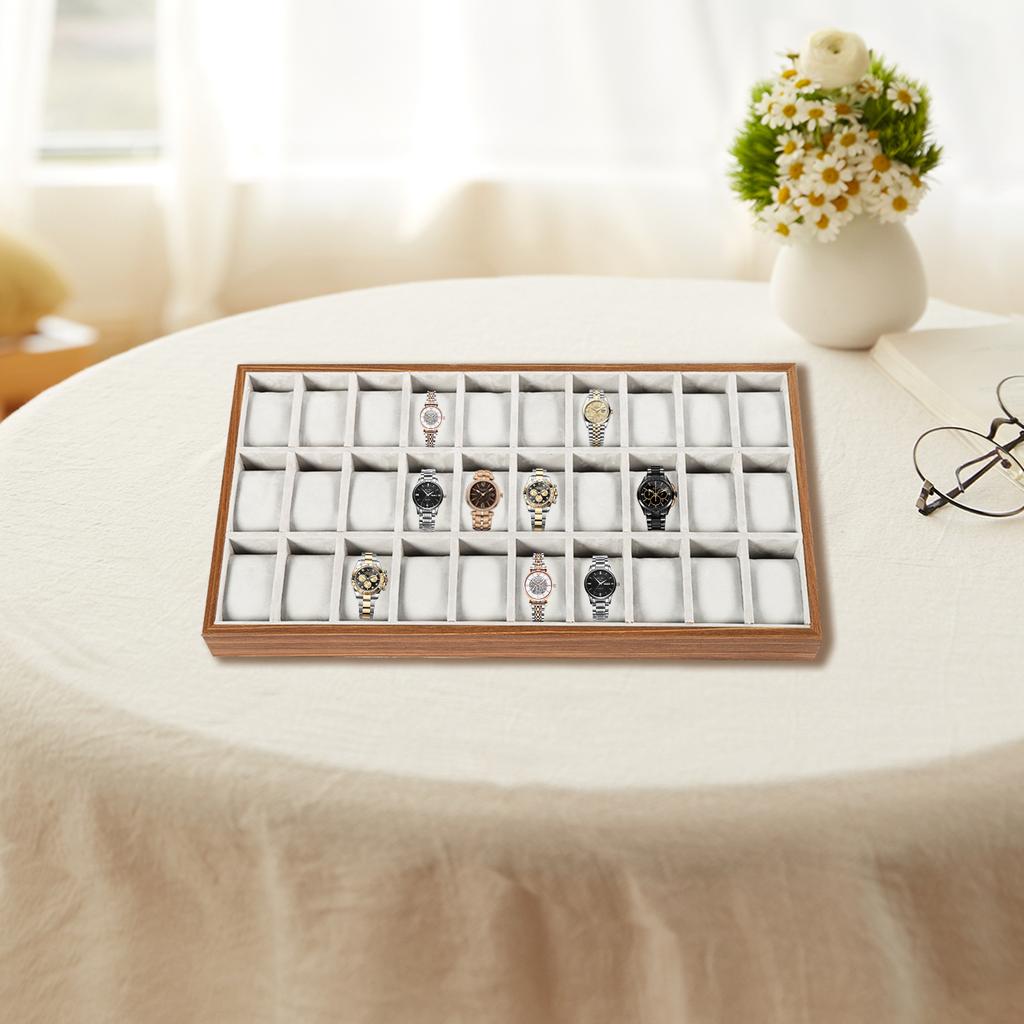 30 Grid Watch Jewelry Tray Organizer Wooden Box Organizer Display with Removable Pillow for Men & Women Storage and Display