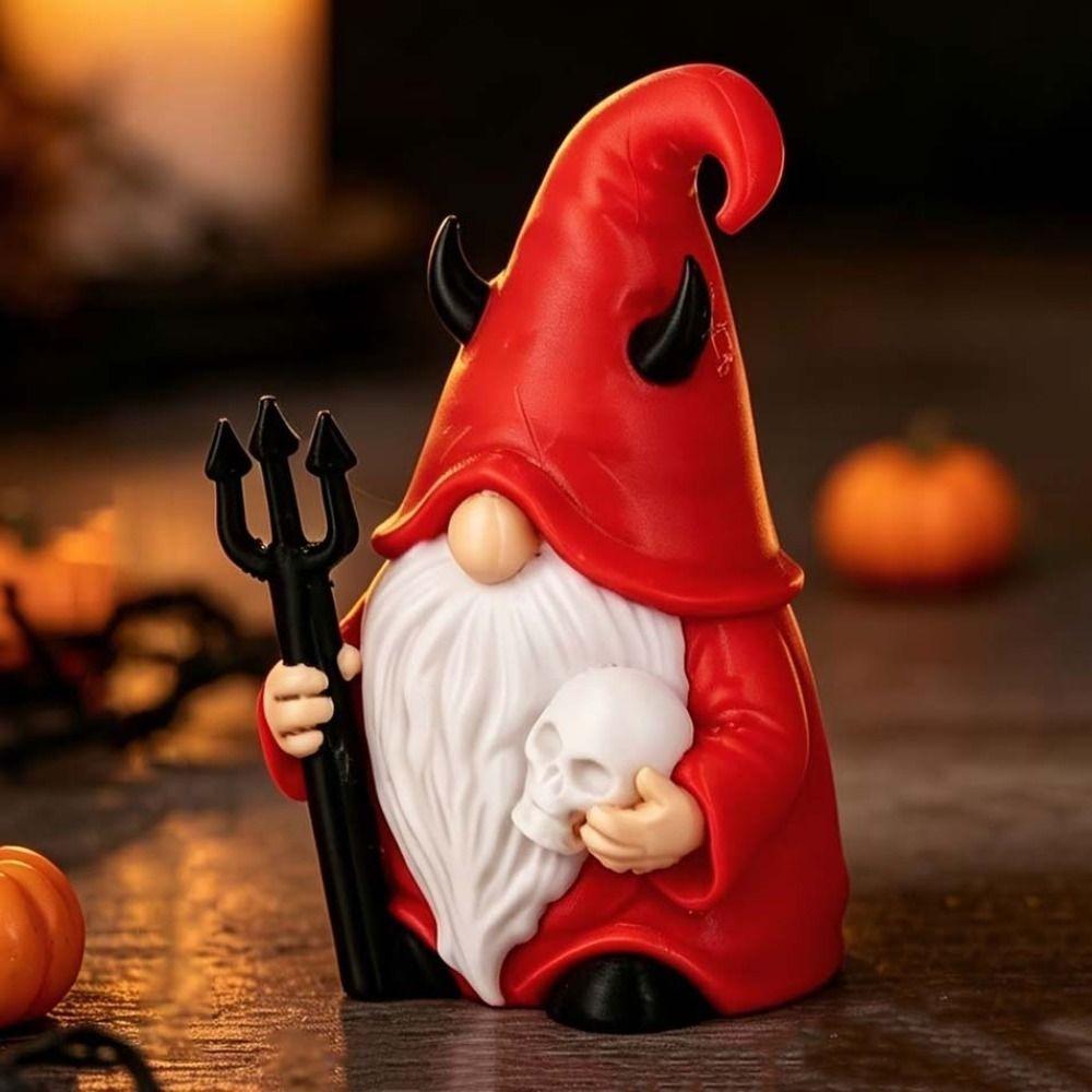 Holding Trident Halloween Figurine Black Horns Skull Miniature Red Gnome Fairy Garden
