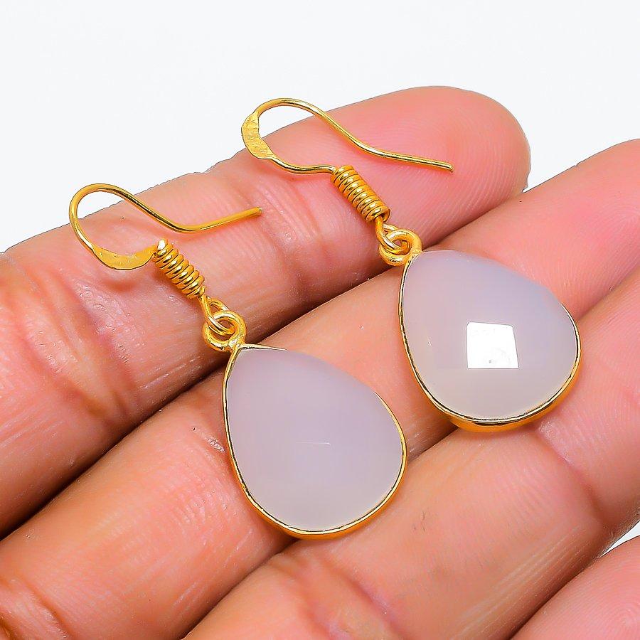 Aqua Chalcedony Gemstone 925 Solid Sterling Silver Jewelry Earring 1.46" GK-5863
