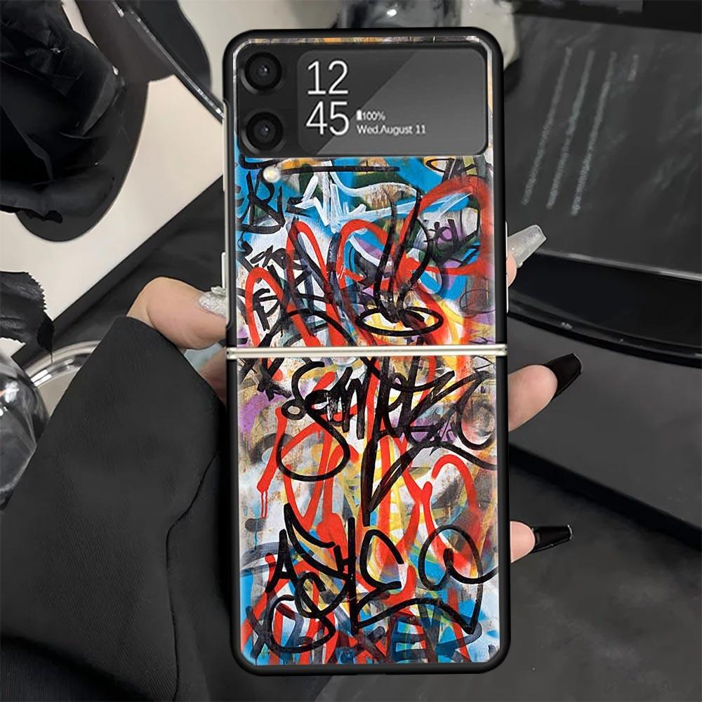 Graffiti Fashion Cool Phone Case for Samsung Galaxy Z Flip 7 6 5 4 3 5G Black Cover ZFlip7 ZFlip6 ZFlip5 ZFlip4 ZFlip3 Fundas Ga