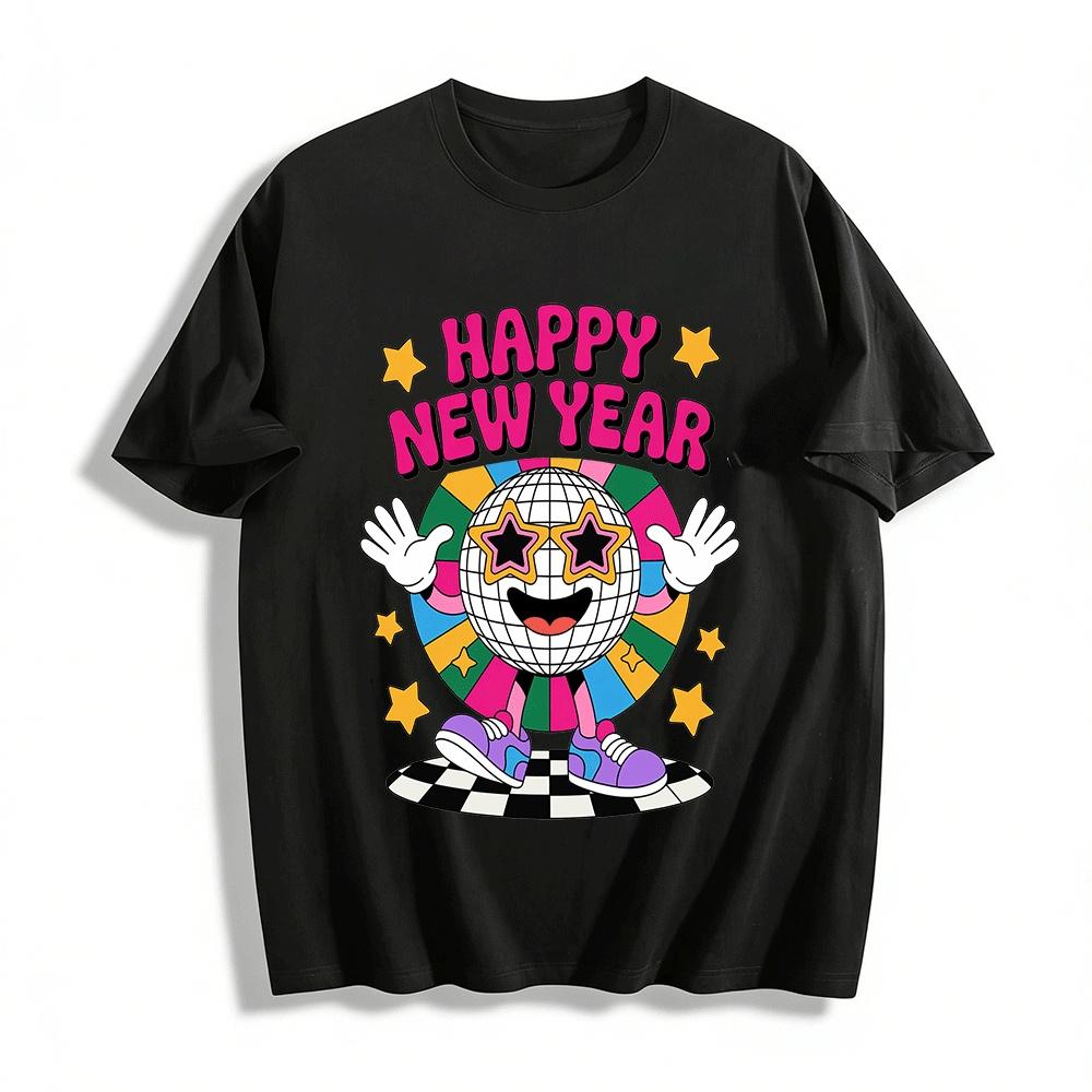 Happy New Year Retro Disco Ball Graphic Casual Top Pure cotton T-shirt XXS