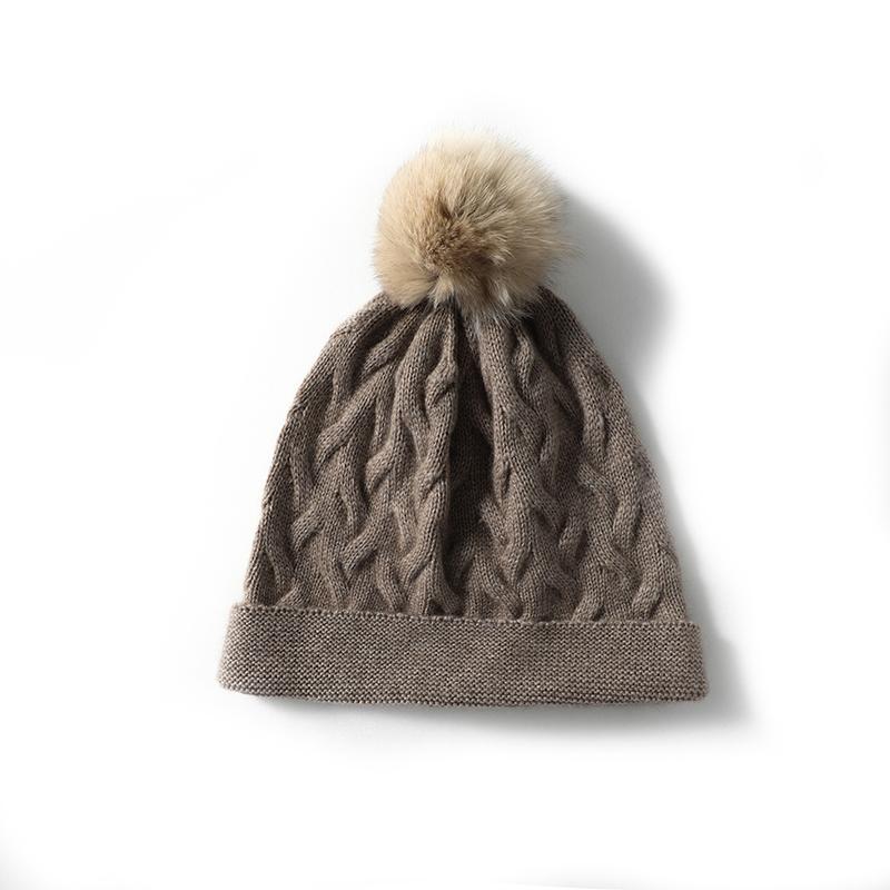 Women 100% Cashmere Beanie Hat Pom Pom Detail Cable Knit Rolled Cuff Winter Warm Soft Slouchy Skullies Cold Weather Accessory