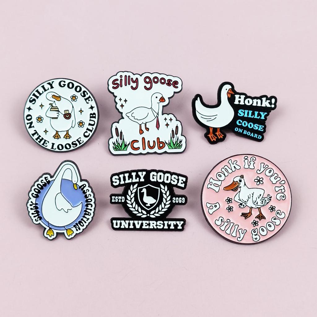 Funny Cartoon Big White Goose Brooch Set - English Letter Accessories for Backpacks & Clothing
