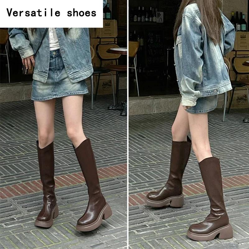 Winter Soft Leather Women Knee High Boots Fashion Knight Long Booties Designer Platform Square Heels Botas De Mujer