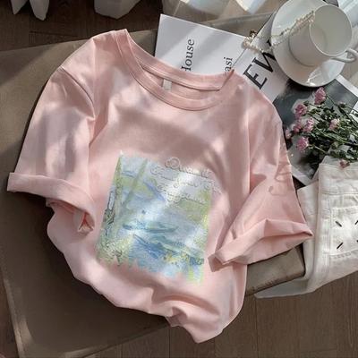 Damen Impressionistisches Ölgemälde Druck T-Shirt Monet Bootszene Rundhals Baumwolle T-Shirt Lässiges Sommer Oberteil