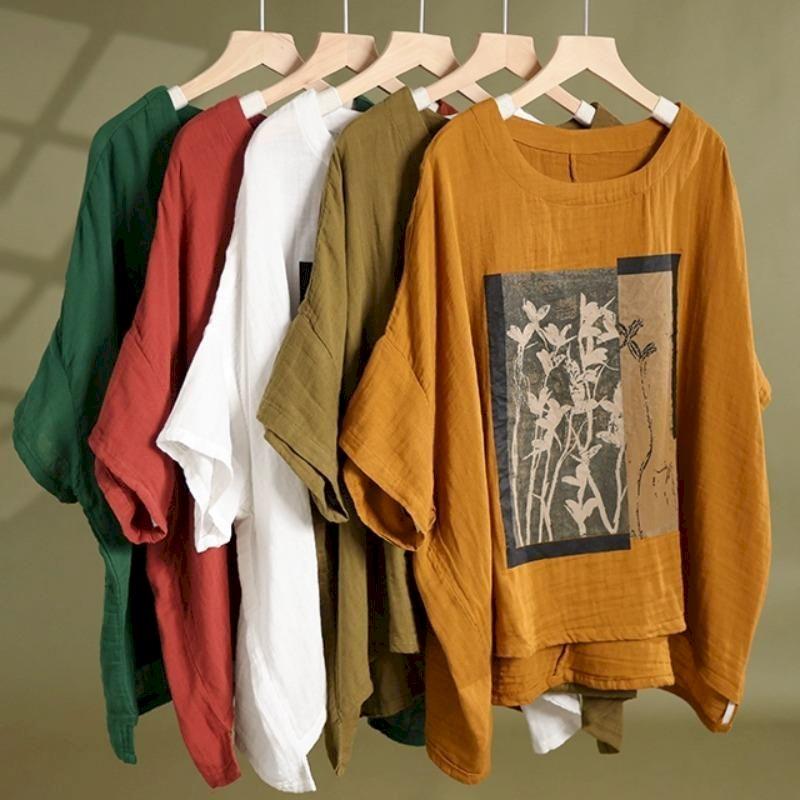 Linen T Shirt Women Art Vintage Print Loose Fashion Casual Short Sleeve Oversized Blouse Summer Trend Thin
