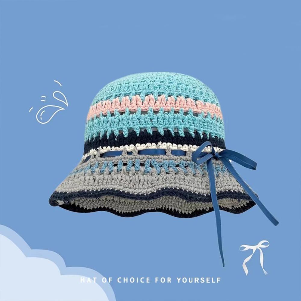 Handmade Knitted Bucket Hats Bow Ribbon Weave Hats Ins Hollow Basin Cap  Streetwear