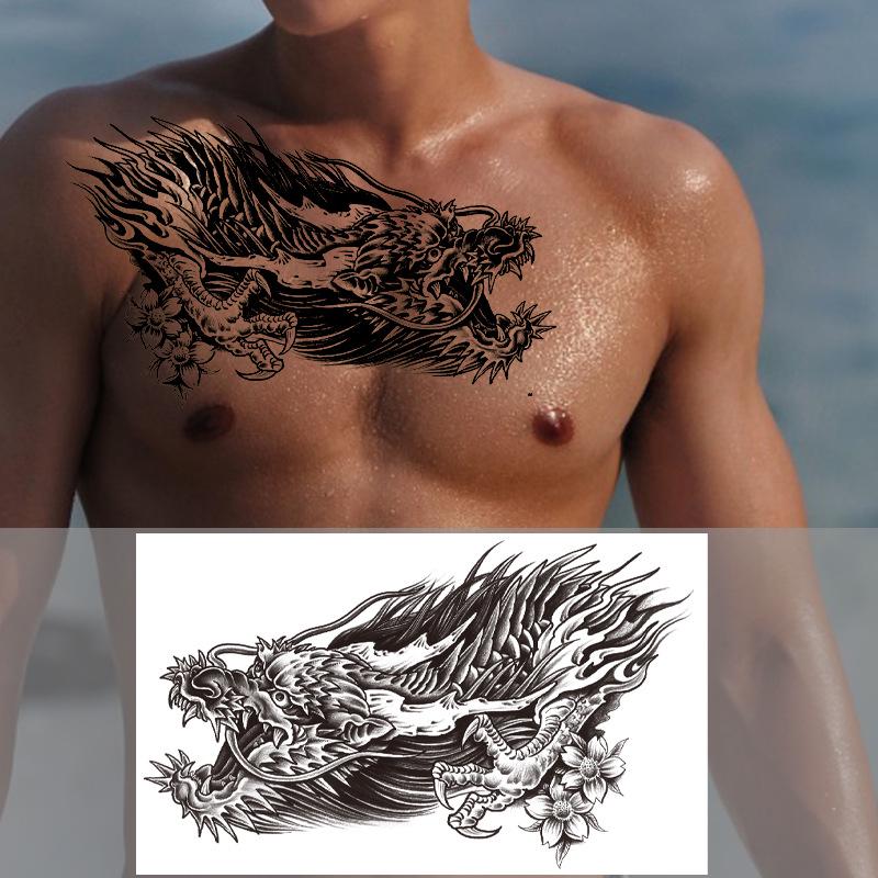Dragon Three-Faced Buddha Floral Chest Tattoo Sticker - Half Sleeve Semi-Permanent Design with English Lettering 320x190MM