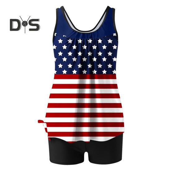 2 Teile/satz Frauen Tankini Set Amerikanischen Unabhängigkeit Tag Druck Weste Einfarbig Schwimmen Shorts Set Bademode
