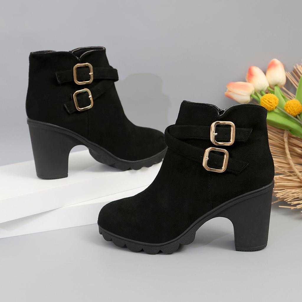 Fashion Women's Retro High Heel Ankle Boots Square Heel Woman Suede Leather Boots Female Round Toe Belt Buckle Platform Short Botines