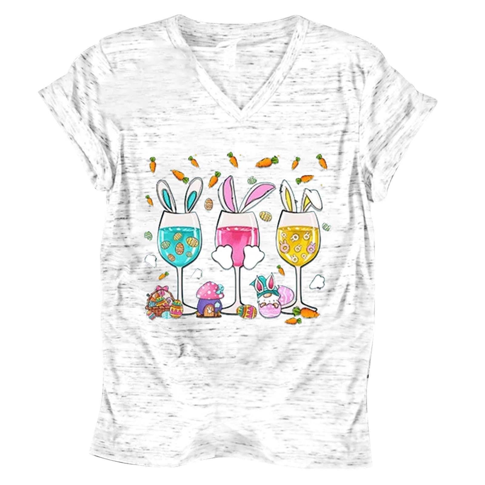 

Летний топ с V-образным вырезом и принтом 3D кролика и бокала вина, модные повседневные женские футболки с короткими рукавами XS