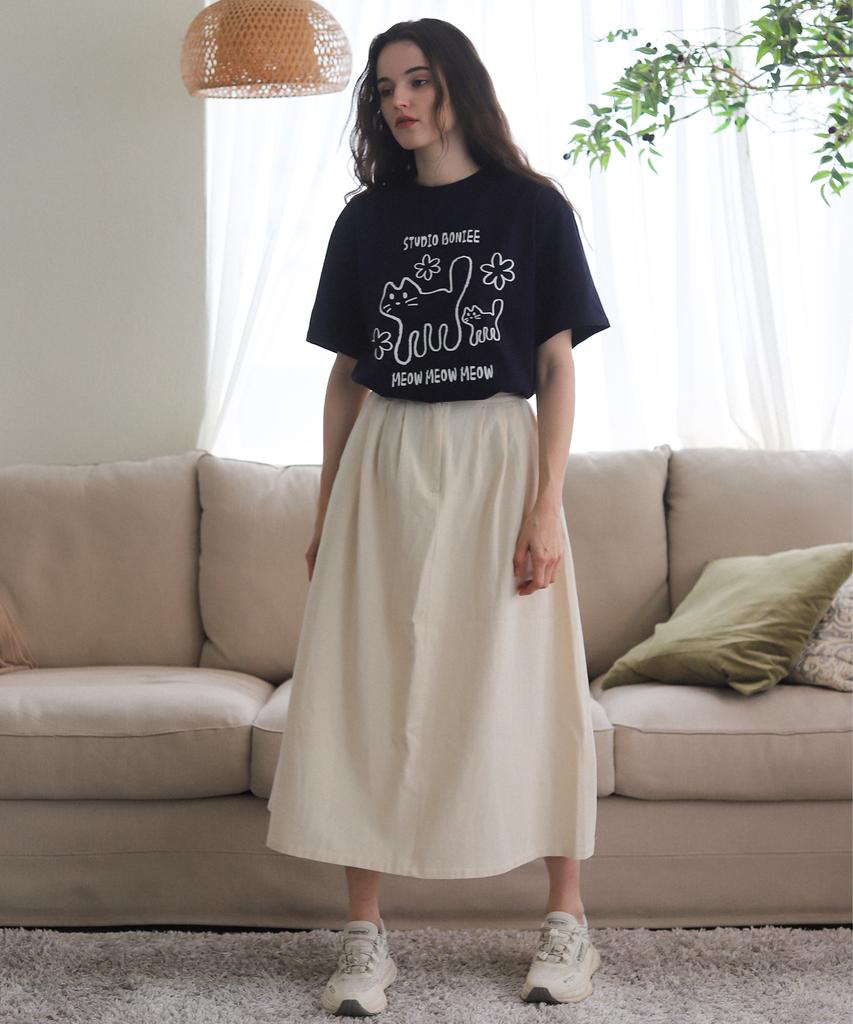 BONIEE Meow Cat Kitten Graphic Loose Oversized T-Shirt Navy