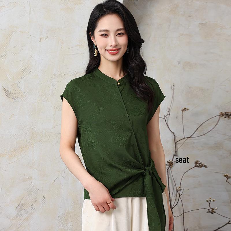 

Women s Summer Sleeveless Chiffon Top: Stylish Imitation Silk Shirt for Middle-Aged and Elderly Moms 3XL (suggested 120-135 lbs) зелёный
