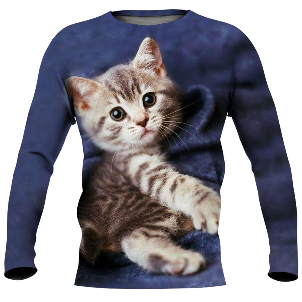 Cute Cat Print Imitation Cotton Long Sleeve Men's T-shirts Spring O-Neck Casual Loose Tee Streetwear Unisex Clothing EU Size 5XL
