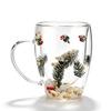 Insulated Double Christmas Glass Cups Exquisite Heat Resistant Beverage Milk Glasses 350ml With Handle Clear Flower Coffee Mug