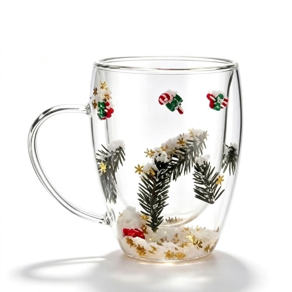 Insulated Double Christmas Glass Cups Exquisite Heat Resistant Beverage Milk Glasses 350ml With Handle Clear Flower Coffee Mug