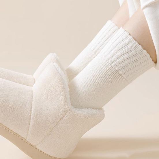 1 Pair Women Winter Socks Solid Color Ribbed Cuffs Thickened Plush Lining Sleeping Socks Autumn Winter Daily Wear