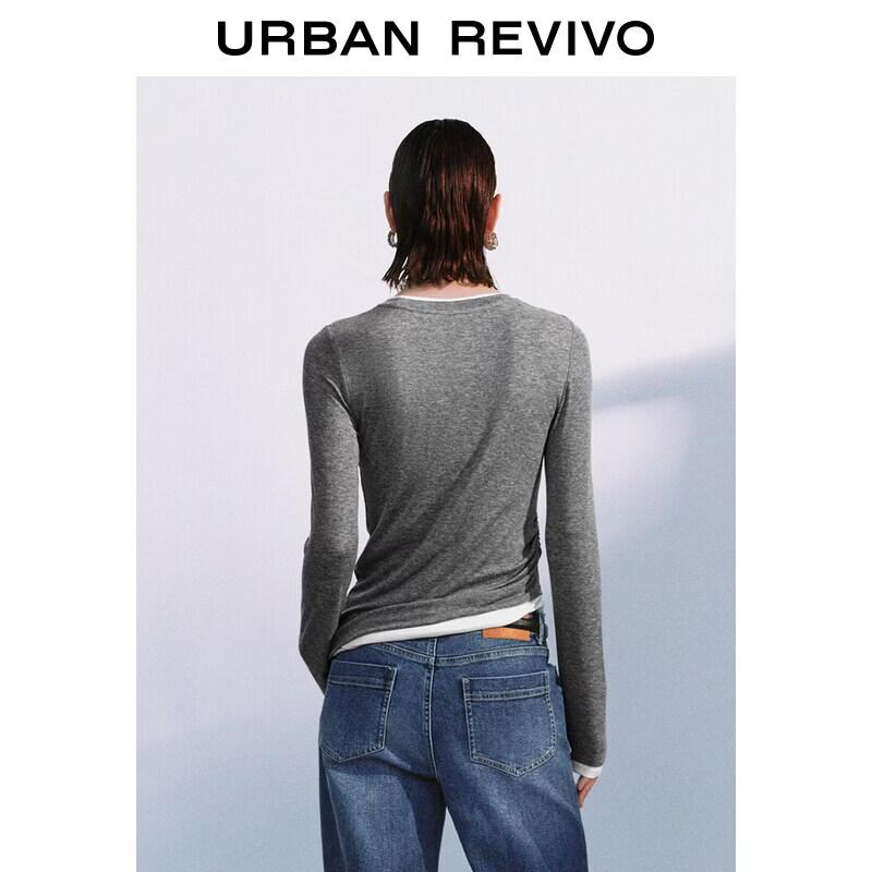 UR2026 Women's Faux Two-Piece Lyocell Shirred Slim Fit T-shirt