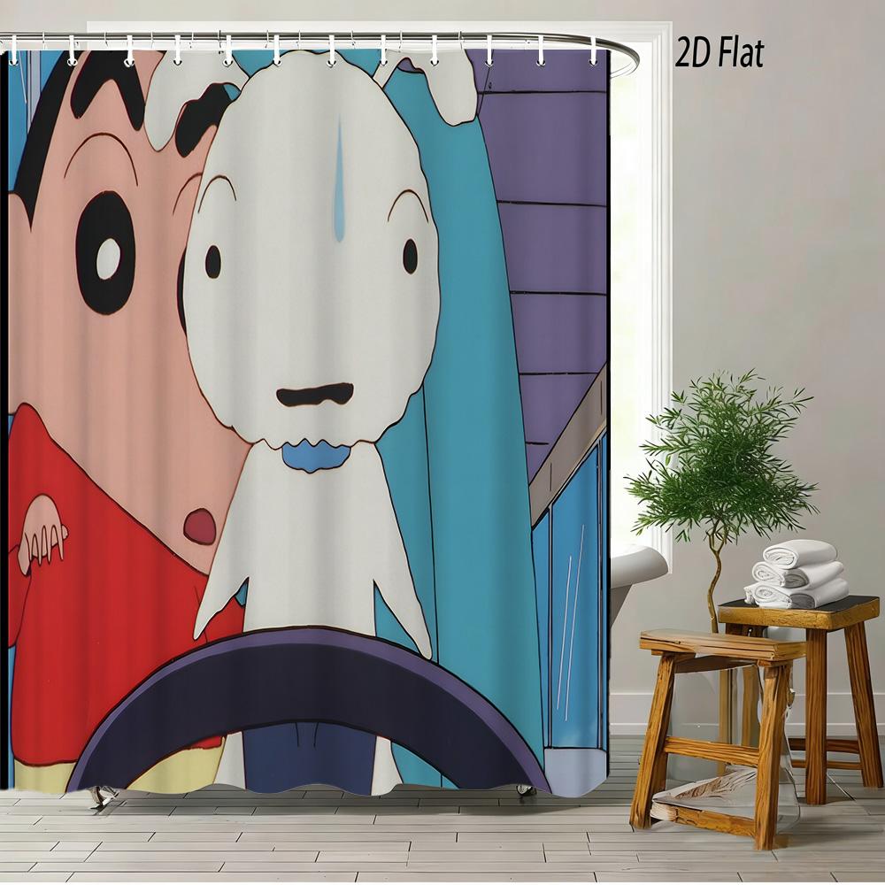 Crayon Shin-Chan & Shiro Checkerboard Pattern With Camera & Radio 2D Print Waterproof Shower Curtain, Yellow & White Bathroom De