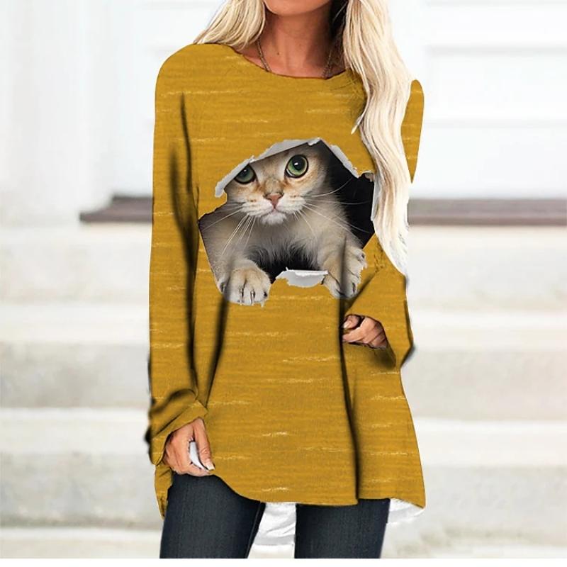 Women's Tops T Shirt Tee Cute Cat Painting Sweatshirt Holiday Home Casaul Weekend Long Sleeve Round Neck Essential Basic XS-8XL